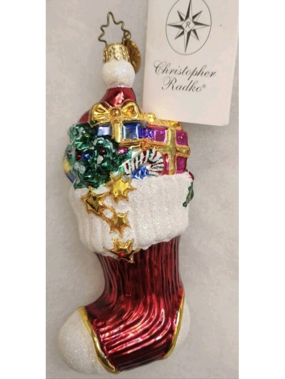 Christopher Radko Stock And Cheer 7" Handpainted Glass Ornament, Mint w/tag
